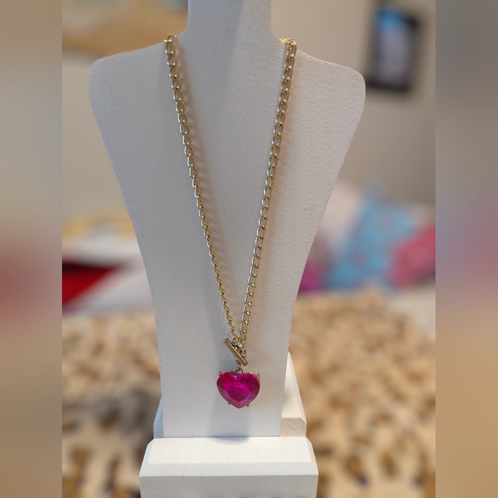Gold toggle Necklace with large Pink Heart Pendant and rhinestone details